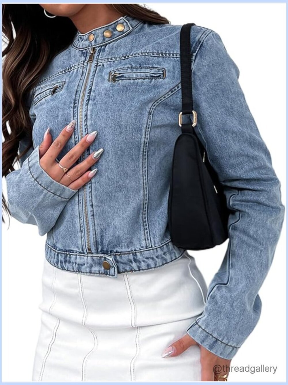 Stretchy Cropped Denim Jacket Motorcycle Zip Front Light Wash Short Jean Jacket